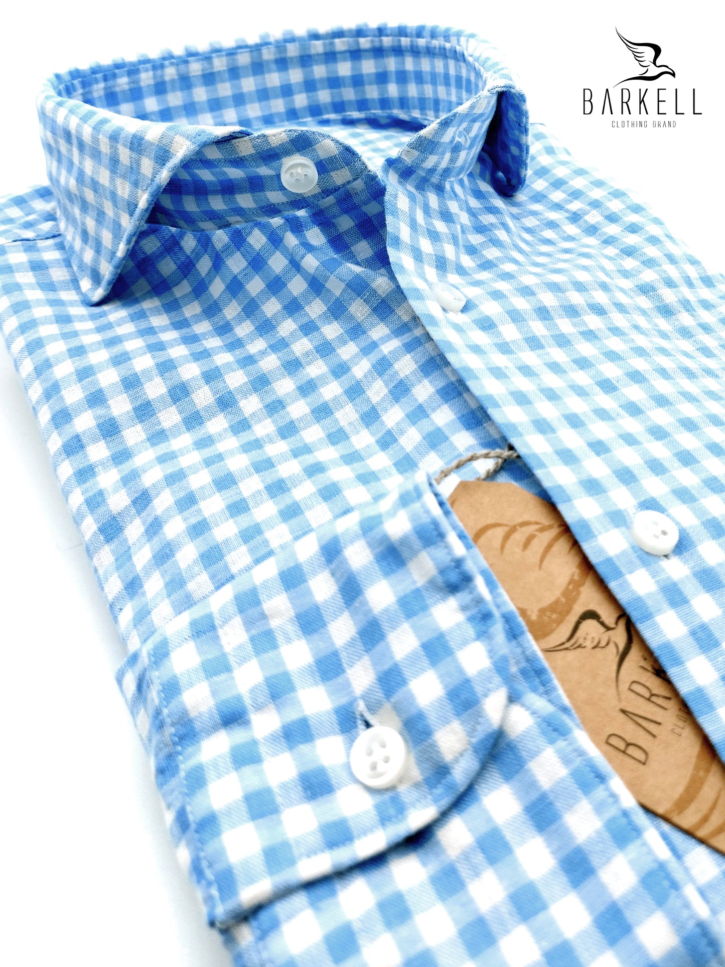 Camicia in Misto Lino Quadro Celeste e Bianco Collo Francese Cutaway