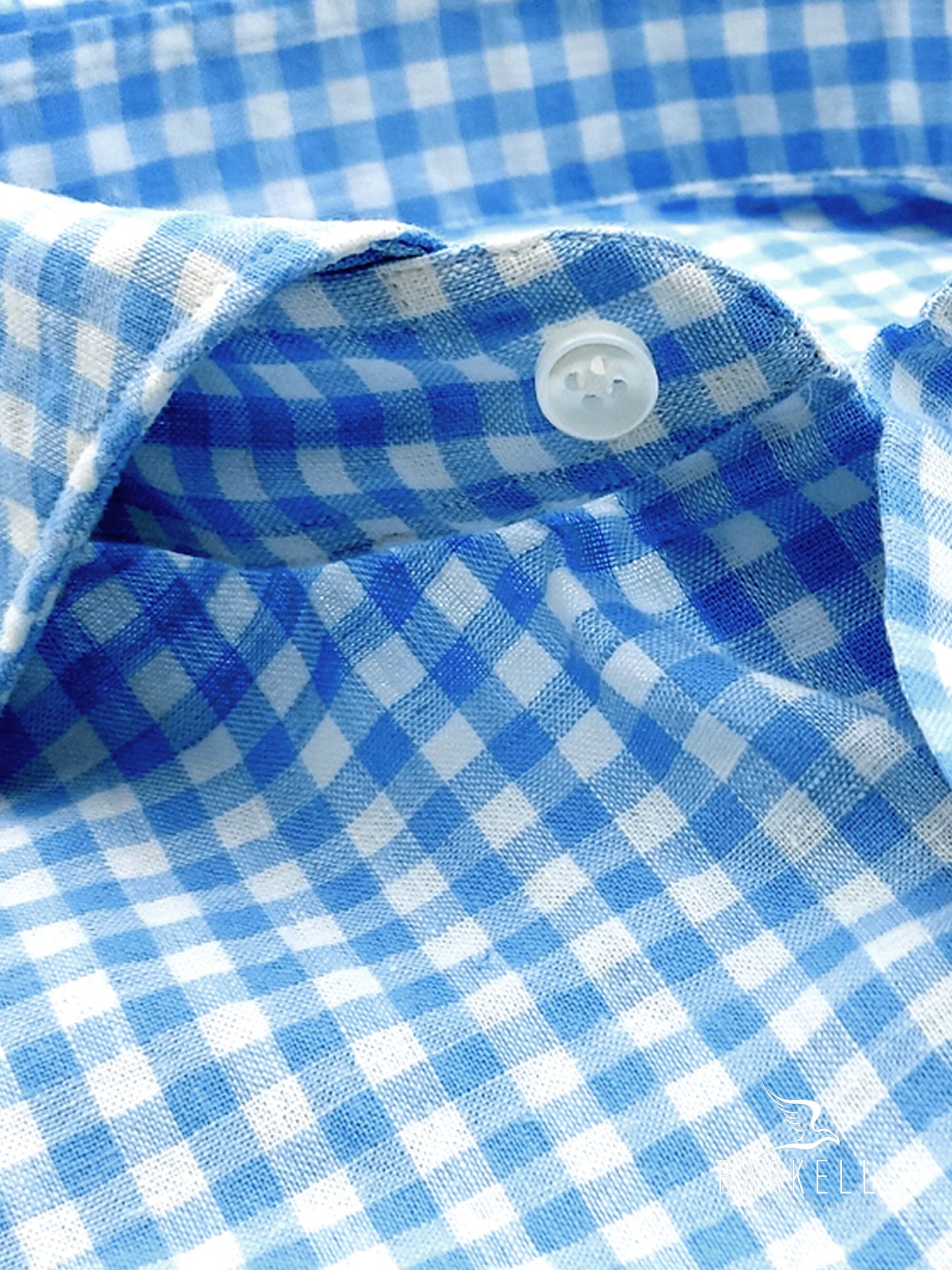 Camicia in Misto Lino Quadro Celeste e Bianco Collo Francese Cutaway