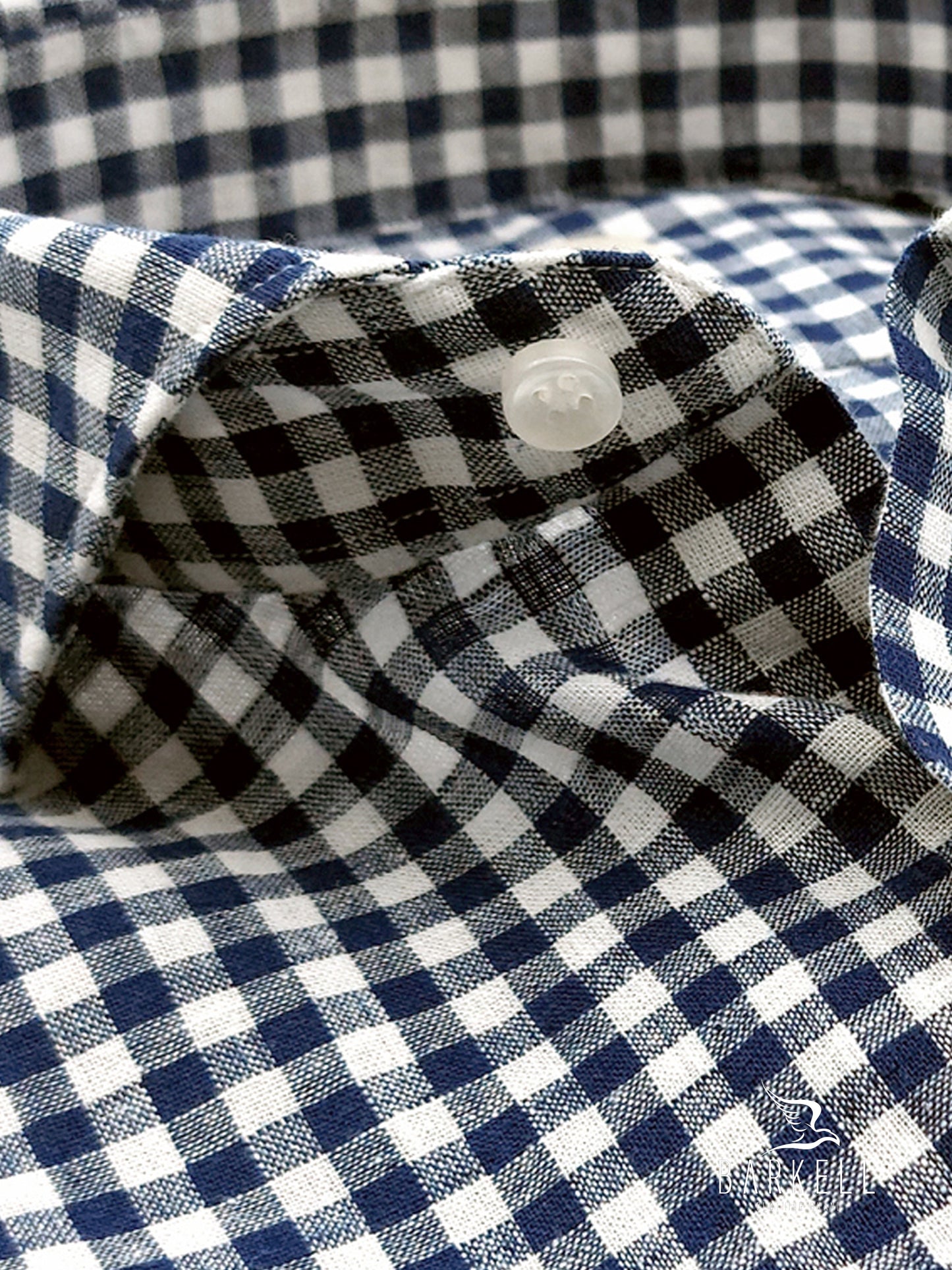 Camicia in Misto Lino Quadro Blu e Bianco Collo Francese Cutaway