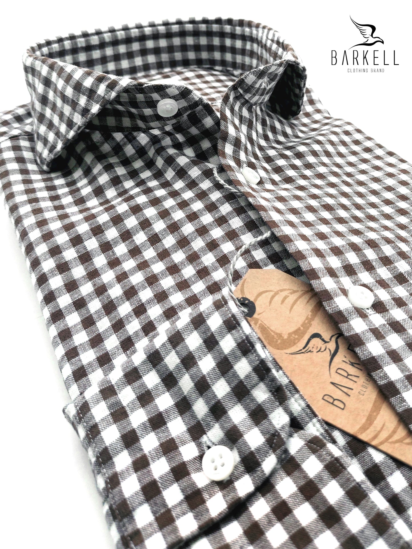 Camicia in Misto Lino Quadro Marrone e Bianco Collo Francese Cutaway