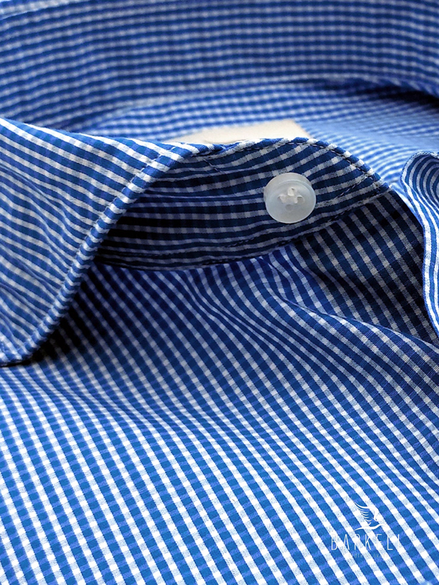 Camicia in Cotone Quadrettino Azzurro e Bianco Collo Francese Cutaway