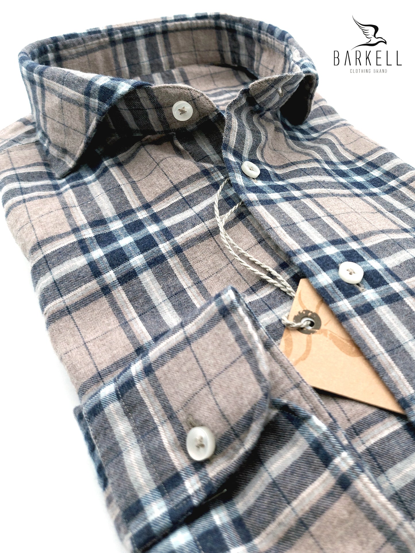 Camicia in Cotone Flanellato Quadro Sabbia e Blu Collo Francese Cutaway