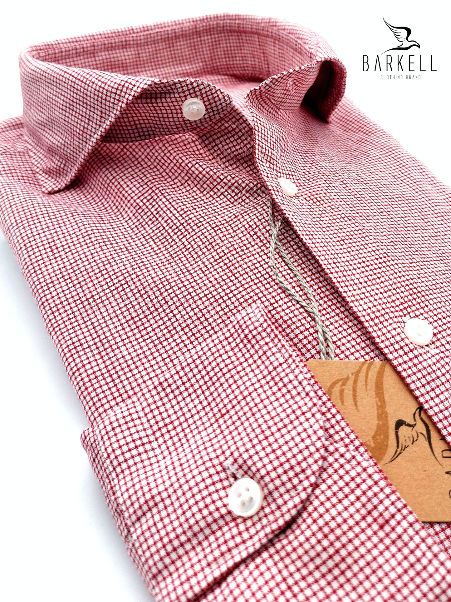 Camicia in Misto Lino Quadrettino Rosso e Bianco Collo Francese Cutaway