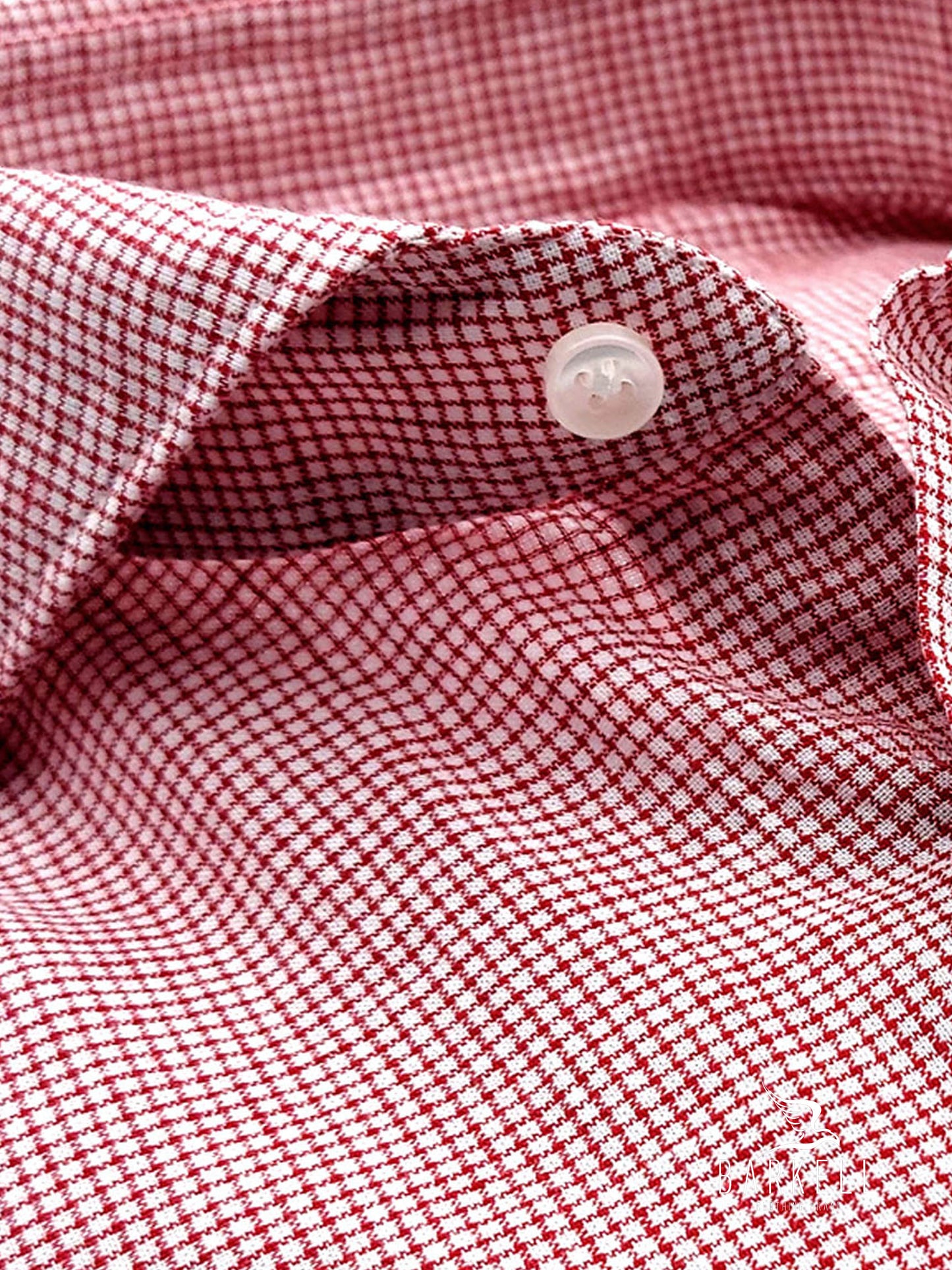 Camicia in Misto Lino Quadrettino Rosso e Bianco Collo Francese Cutaway