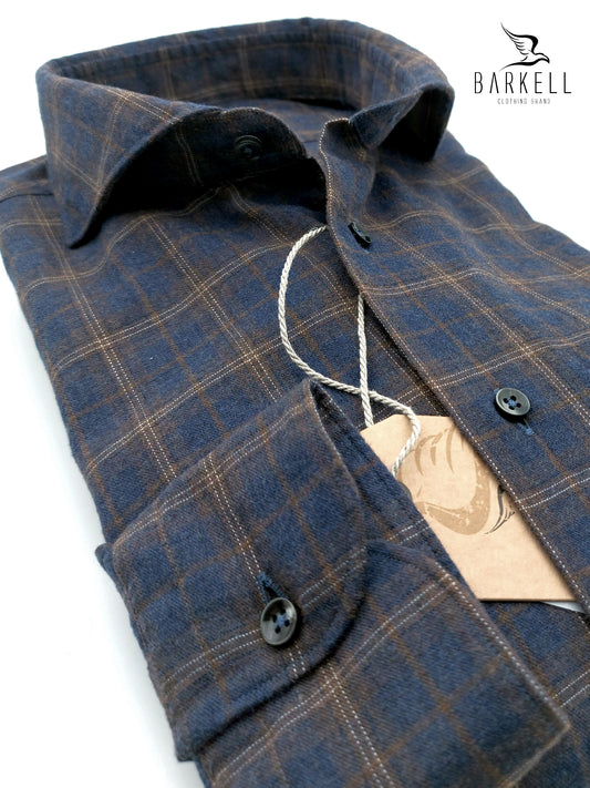 Camicia in Cotone Flanellato Quadro Marrone e Noce Collo Francese Cutaway