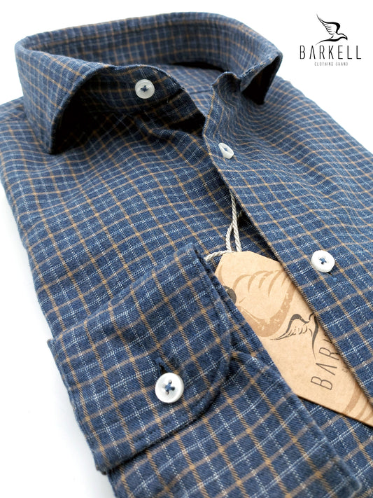 Camicia in Cotone Flanellato Quadro Indaco e Cammello Collo Francese Cutaway