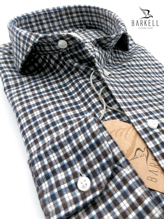 Camicia in Cotone Flanellato Quadretto Marrone e Blu Collo Francese Cutaway