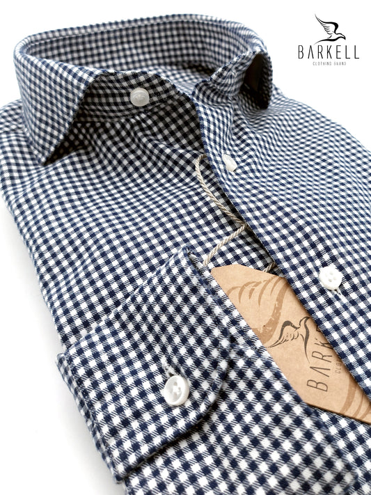 Camicia in Cotone Flanellato Quadretto Bianco e Blu Collo Francese Cutaway