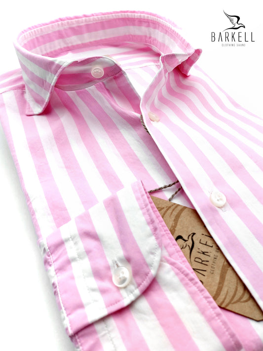 Camicia in Cotone Rigata Rosa e Bianco Collo Francese Cutaway