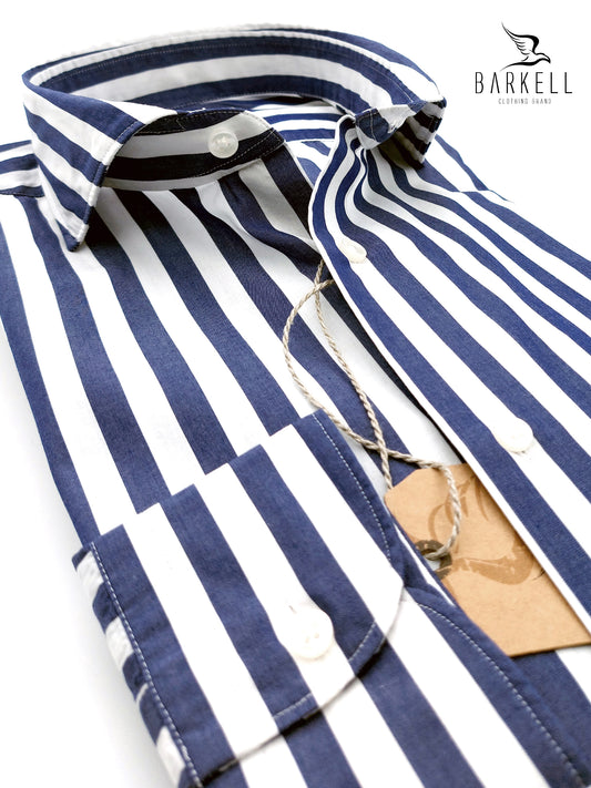 Camicia in Cotone Rigata Blu e Bianco Collo Francese Cutaway