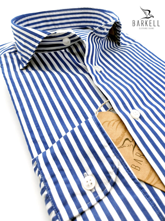 Camicia in Cotone Rigata Blu e Bianco Collo Francese Cutaway