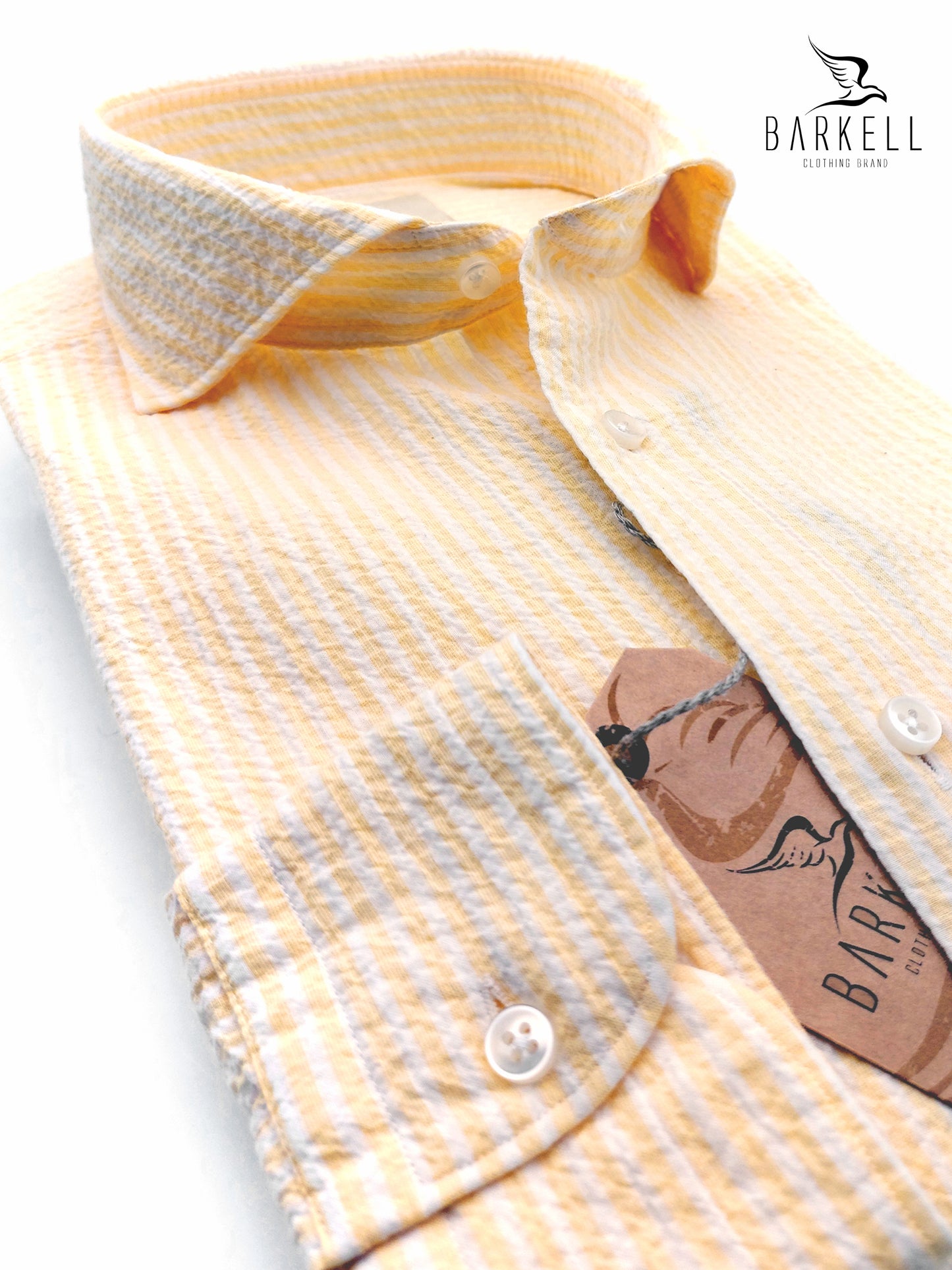 Camicia in Cotone Seersucker Rigata Giallo e Bianco Collo Francese Cutaway