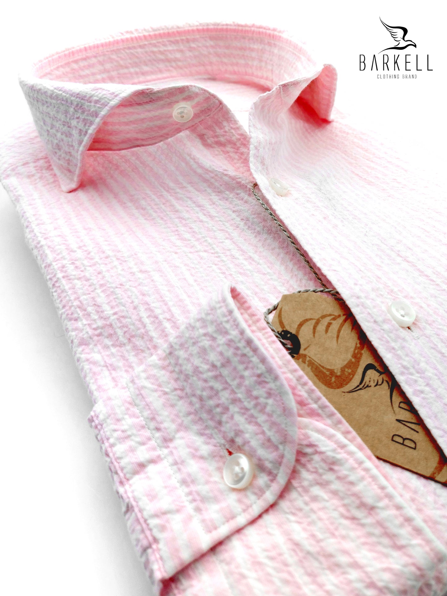 Camicia in Cotone Seersucker Rigata Rosa e Bianco Collo Francese Cutaway