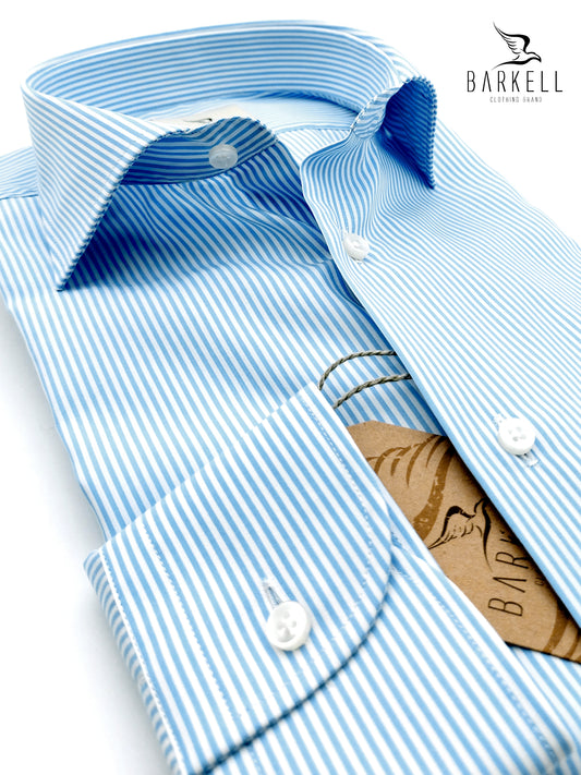 Camicia in Cotone Rigata Bianca e Celeste Collo Francese