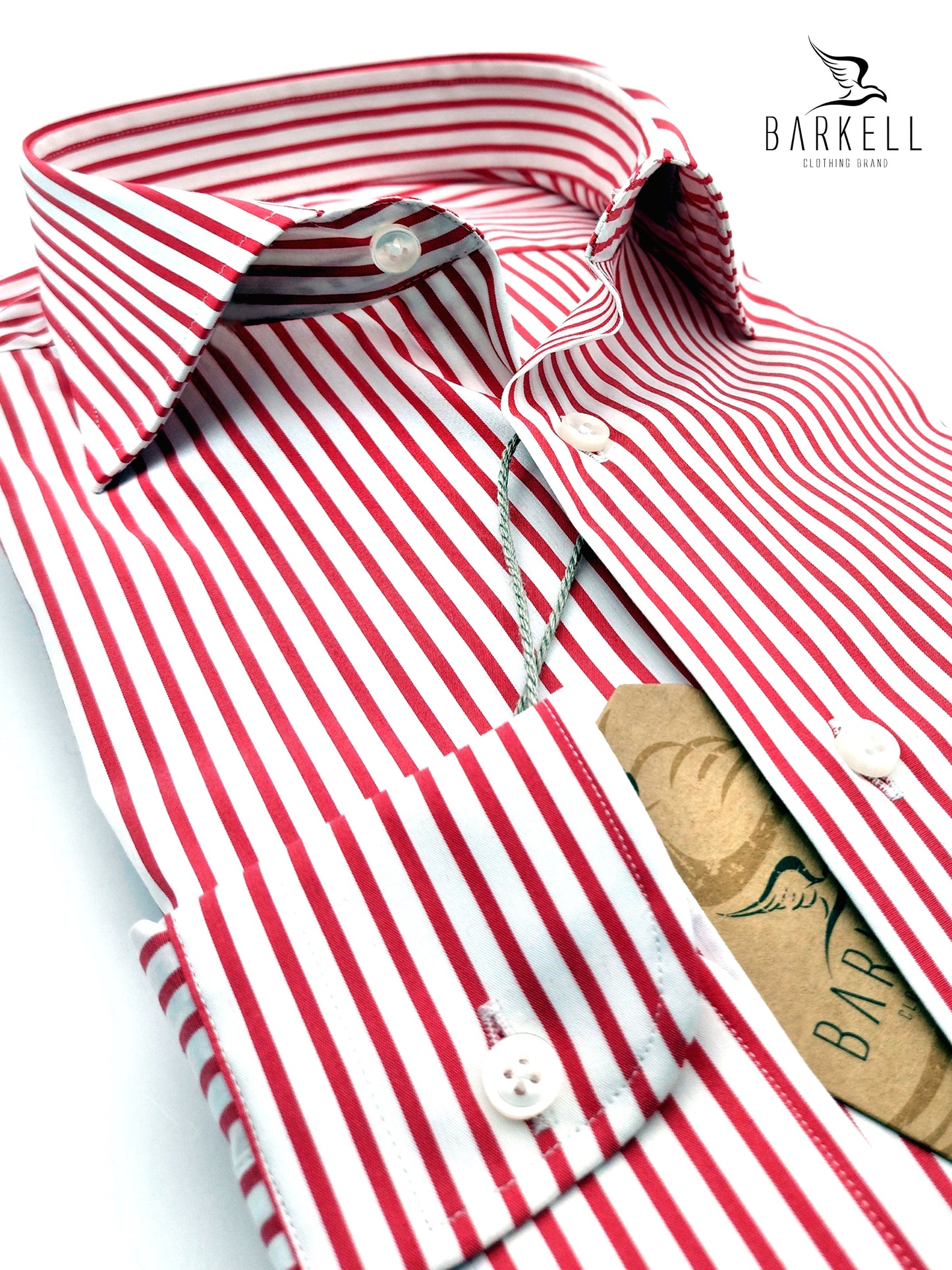 Camicia in Cotone Rigata Bianca e Rossa Collo Francese