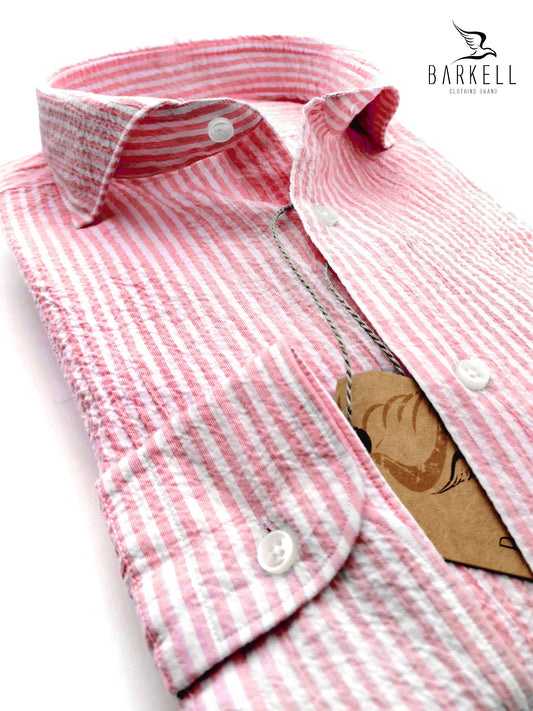 Camicia in Cotone Seersucker Rigata Rosso Aranciato e Bianco Collo Francese Cutaway
