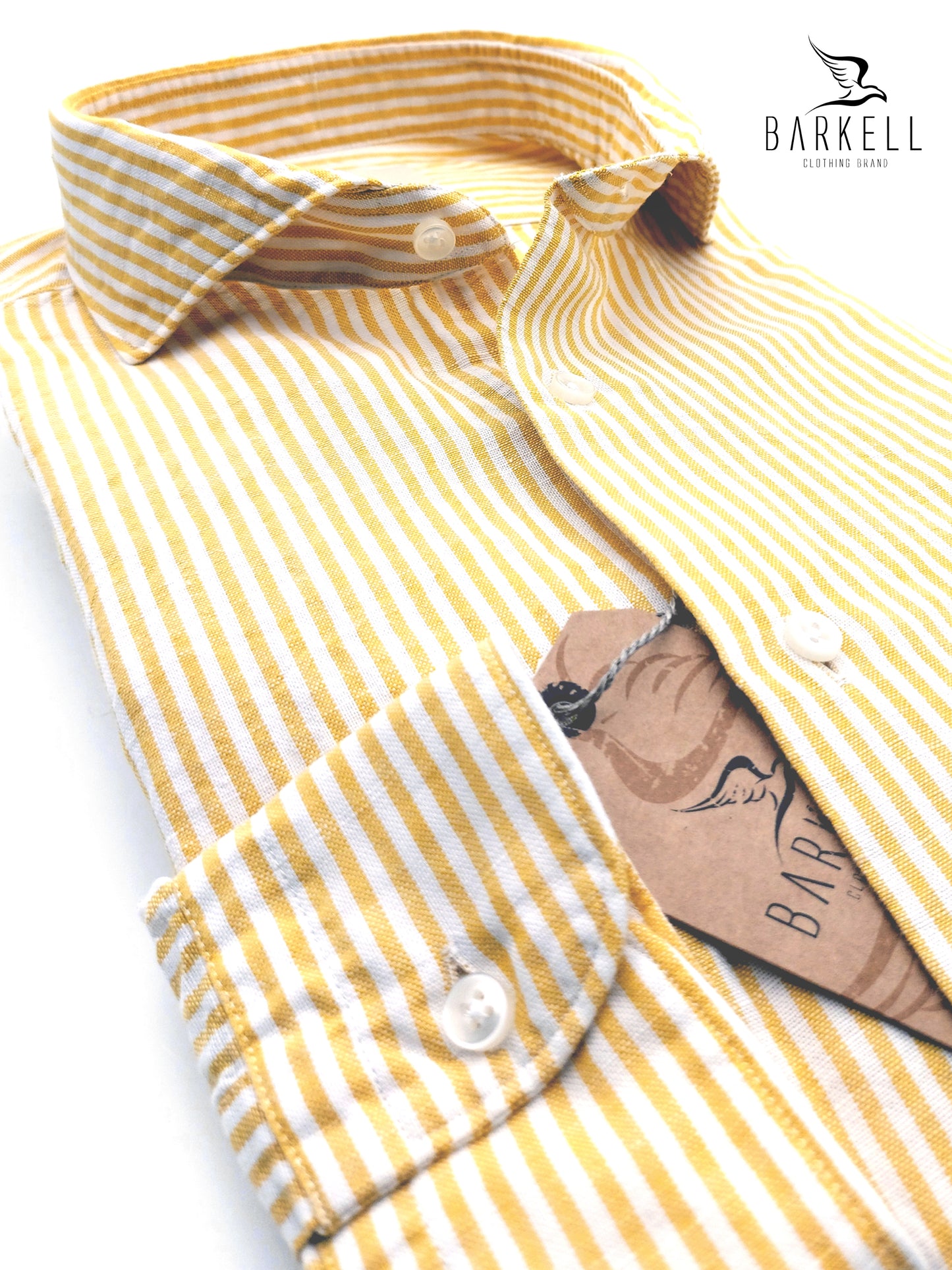 Camicia in Misto Lino Rigato Ocra e Bianco Collo Francese Cutaway