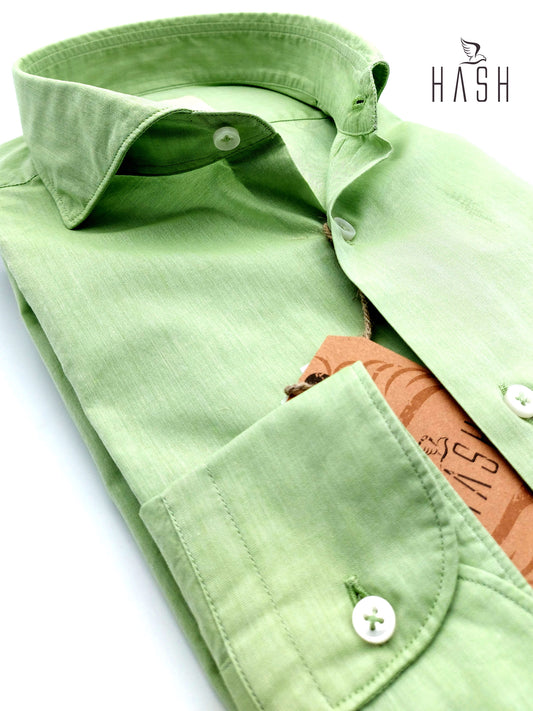 Camicia in Cotone Popeline Fiammato Verde Collo Francese Cutaway