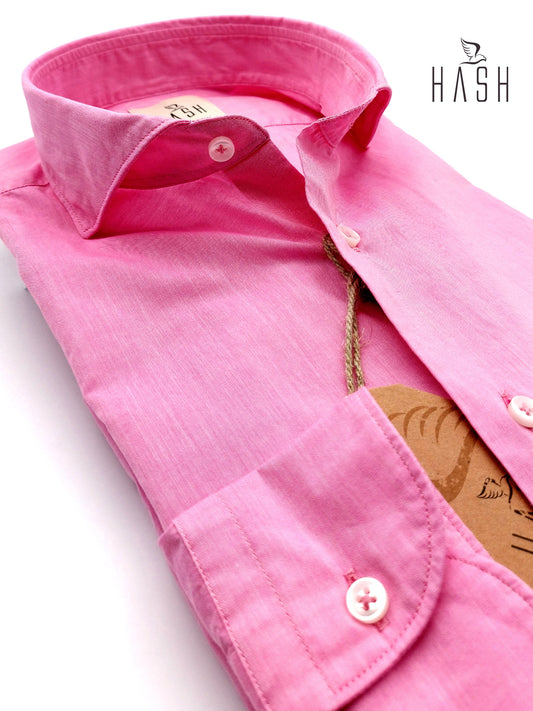Camicia in Cotone Popeline Fiammato Rosa Pink Collo Francese Cutaway