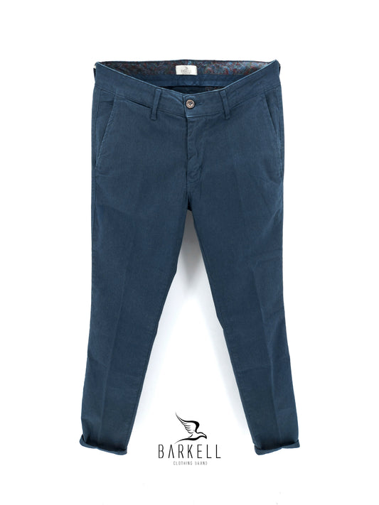 Pantalone Blu Petrolio Modello Chinos in Cotone Fantasia Diagonale